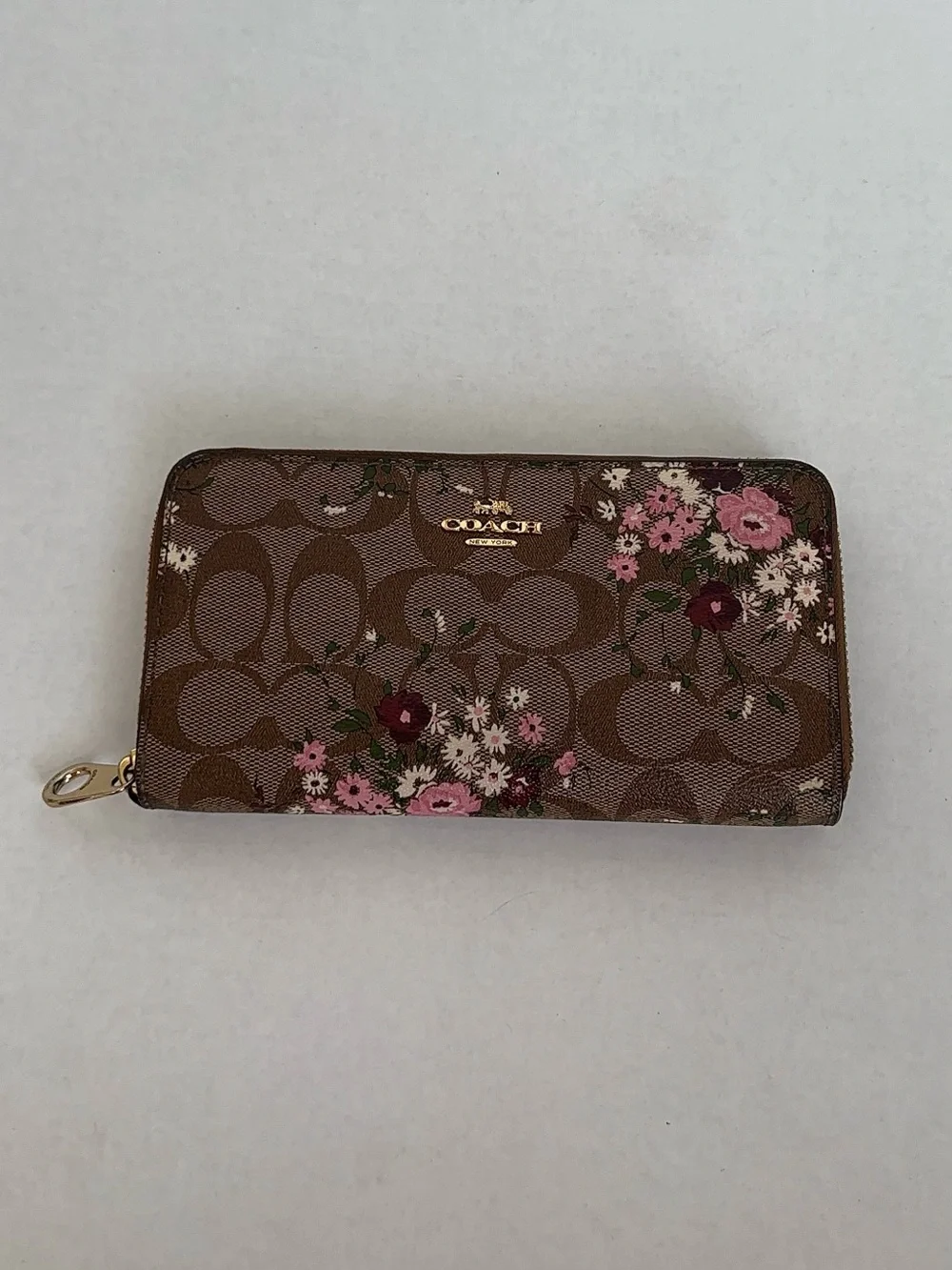 Coach Signature Floral Zip Around Wallet Brown Canvas Pink Leather Full Size